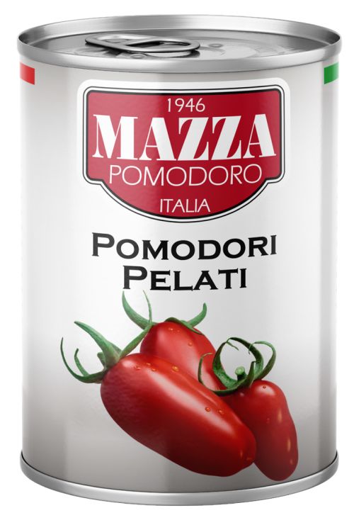 Paradajky celé ,lupane ,v plechu easy open 400g zn.Mazza