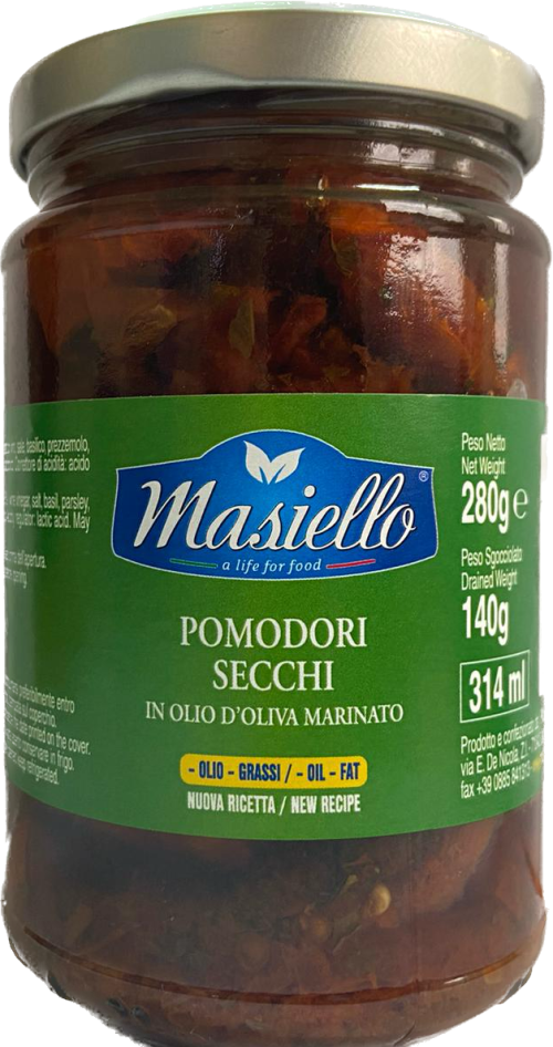 Sušené paradajky  zn .  Masiello 314 ml v ochutenom bylink.olivovom oleji ,sklo