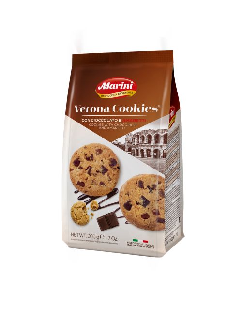 Cookies ,talianske sušienky zn. Marini podľa pôvodnej receptúry, s prichuťou Amaretti (s drvenými jadrami marhuľ cca 20% podiel) a čokolada  200g