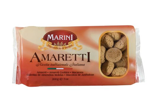 Amaretti,tradičné talianske sušienky s obsahom drvených marhuľ.jadier cca  20%, zn. Marini podľa pôvodnej receptúry, 200g