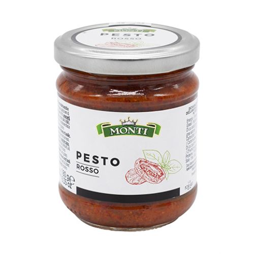 Delikatesná originálna nátierka PESTO rosso –červene pesto 180g zn. MONTI so sušenými paradajkami a bazalkou- "fratello del pesto genoese"