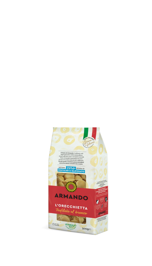 Sušené Talianske semolínové bezvaječné cestoviny GRANO ARMANDO 500g orechiette -klobúčiky, typický tvar z oblasti Apulie–0% pesticidov,0% glyfosatov.!