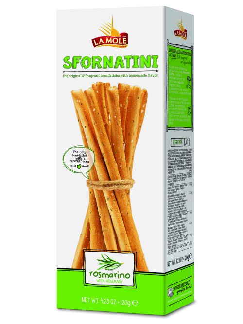 SFORNATINI AL OLIO D OLIVA  e Rosmarino –slané  rustikálne tyčinky s olivovým olejom a rozmarínom  , 120g v PAP krabičke z oblast Piemonte