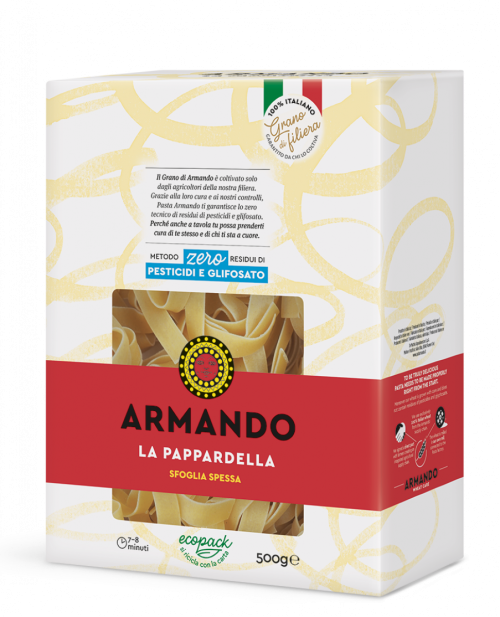 Sušené Talianske semolínové bezvaječné cestoviny GRANO ARMANDO 500g Pappardelle al nido- klbká-hniezda -v PAP krabičke  –0% pesticidov,0% glyfosatov.! Certifikované Bureau Veritas.Priatelský PAP obal k život.prostrediu,recyklovatelny.