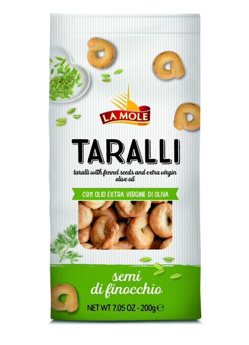 TARALLI all finocchio –typický Cracker  z oblasti Apulie pečený v peci  , s  feniklom  extra panenským olivovým olejom a bielym  vínom 200g .  .