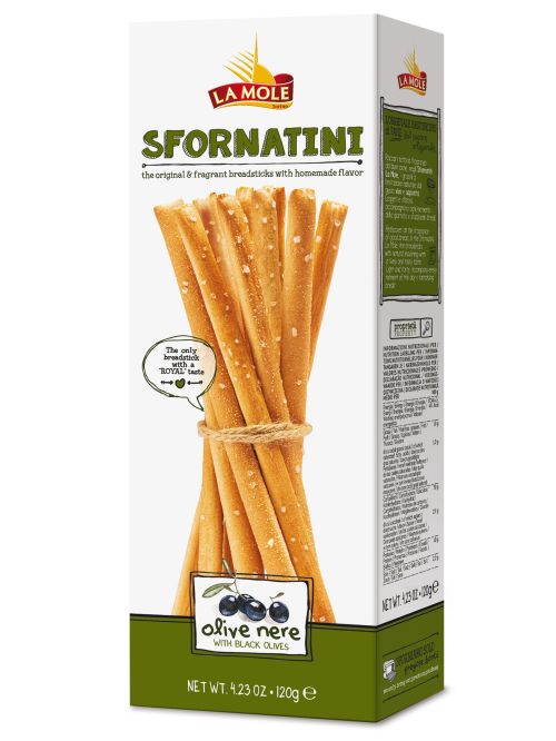 SFORNATINI  ALLE OLIVE  –slané  rustikálne tyčinky s olivami, 120g v PAP krabičke z oblast Piemonte