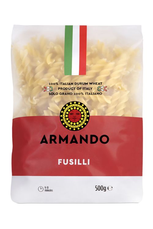Sušené Talianske semolínové bezvaječné cestoviny GRANO ARMANDO 500g  .Teflon.Typ Fussili-vrutky-špirálky.Certifikované EAC a Halal. Premiova kategoria s tradičným  artigianale výrobným postupom a pomalým sušením .100%Semolínova muka pochadza od zmluvných talianskych pestovateľov,typu fair trade s  nezamenitelnou a jedinečnou  vyslednou štrukturou a chuťou.