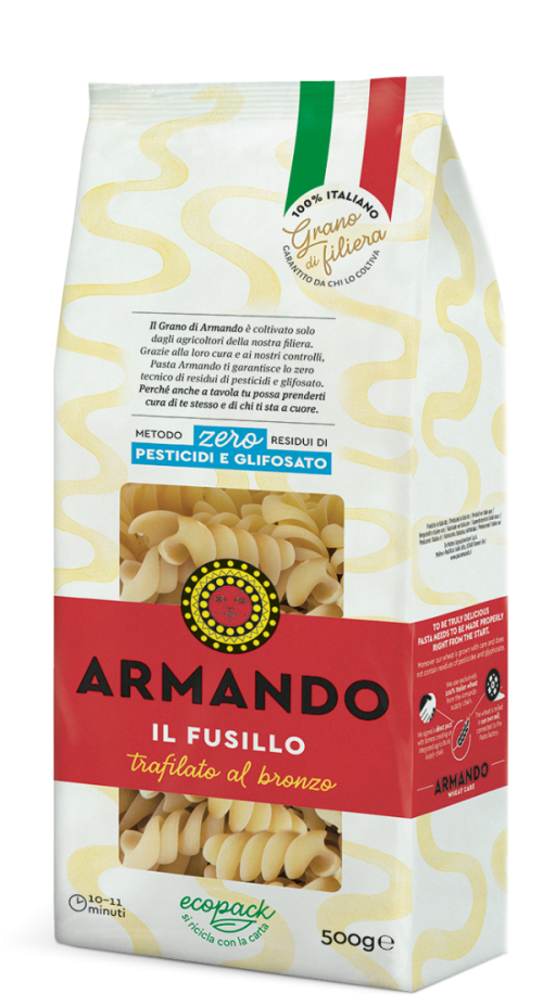 Sušené Talianske semolínové bezvaječné cestoviny GRANO ARMANDO  500g typ Fusillo  –0% pesticidov,0% glyfosatov.Biodegrabilný PAP ECO obal.