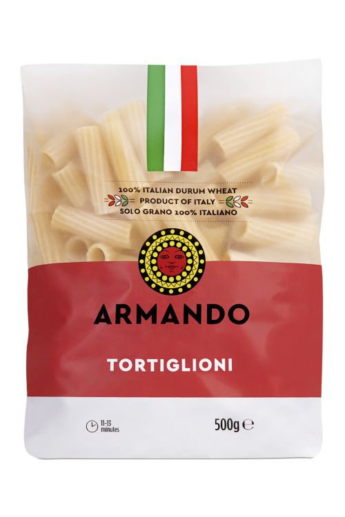 Sušené Talianske semolínové bezvaječné cestoviny GRANO ARMANDO  500g .Teflon.Typ Tortiglioni-oválne  rurky Certifikované EAC a Halal. Premiova kategoria s tradičným  artigianale výrobným postupom a pomalým sušením .100%Semolínova muka pochadza od zmluvných talianskych pestovateľov,typu fair trade s  nezamenitelnou a jedinečnou  vyslednou štrukturou a chuťou.