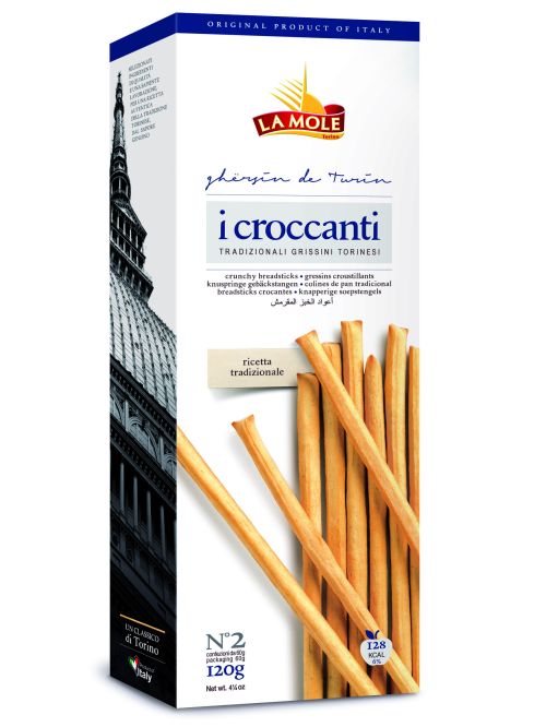 I CROCCANTI CLASSIC  –slané  rustikálne .tenke tyčinky, typ Torinesi,  tyčinky s extra panenským olivým olejom , 120g v PAP krabičke z oblast Piemonte