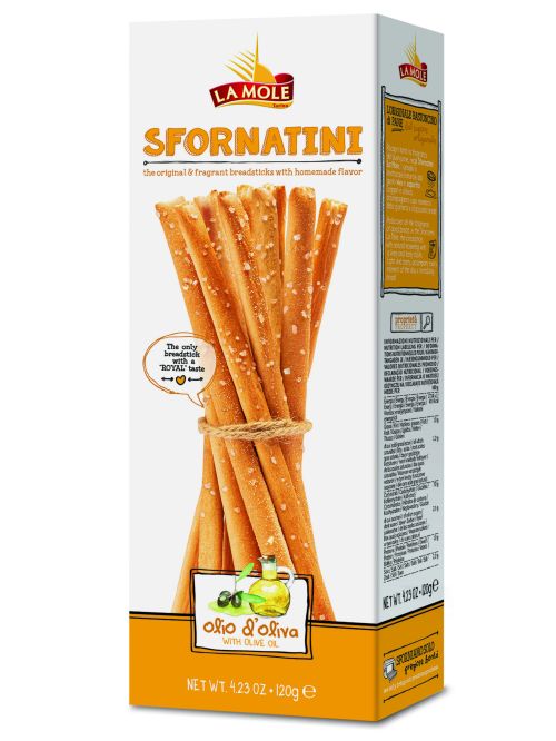SFORNATINI AL OLIO D OLIVA –slané  rustikálne tyčinky s olivovým olejom , 120g v PAP krabičke z oblast Piemonte