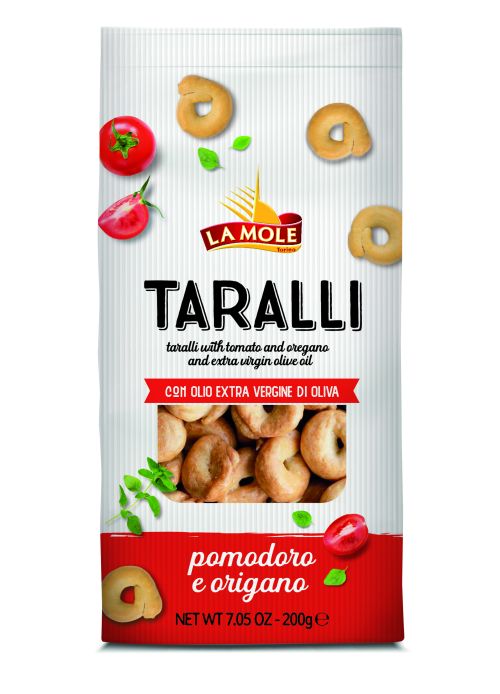 TARALLI  pomodoro ,origano, e olio extra vergine–typický Cracker  z oblasti Apulie pečený v peci   , s paradajkami, oreganom a extra panenským olivovým olejom a  bielym vínom 200g  .