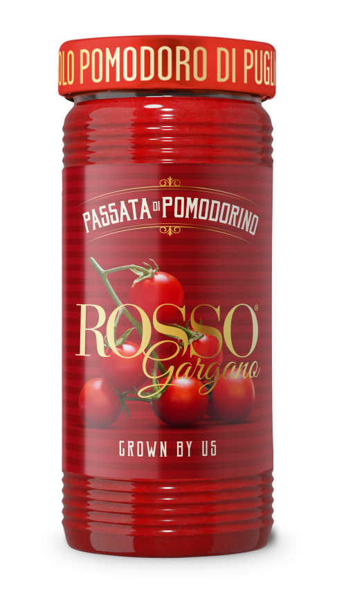 100% Talianske paradajky pomodorino, cherry  ,pasírované,paradajkove pyre,podľa pôvodnej rustikálnej receptúry.-zn.Rosso Gargano 290g v skle  , s easy open otvaraním ,spracovane do 6 hod. po zbere,vlastné paradajk.plantáže.