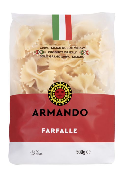 Sušené Talianske semolínové bezvaječné cestoviny GRANO ARMANDO 500g  .Teflon.Typ Farfalle-motýliky. Certifikované EAC a Halal. Premiova kategoria s tradičným  artigianale výrobným postupom a pomalým sušením .100%Semolínova muka pochadza od zmluvných talianskych pestovateľov,typu fair trade s  nezamenitelnou a jedinečnou  vyslednou štrukturou a chuťou.