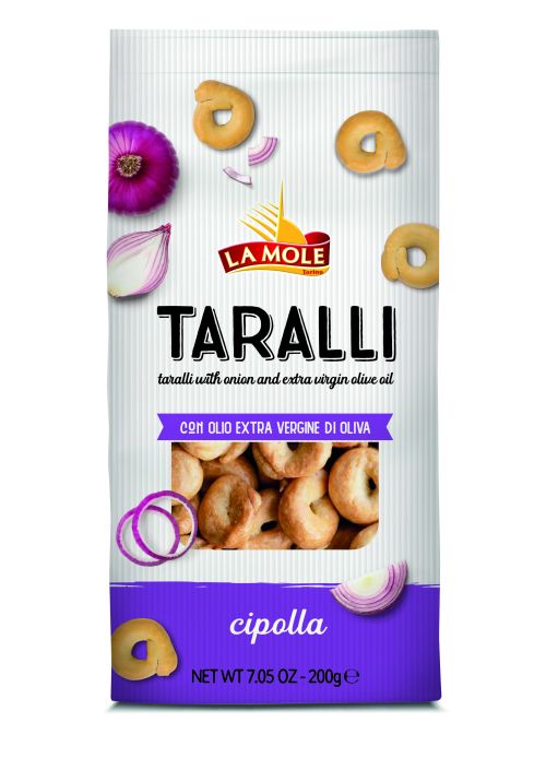 TARALLI alla Cipolla –typický Cracker  z oblasti Apulie pečený v peci   , s prichuťou cibules extra panenským olivovým olejom a  bielym vínom 200g