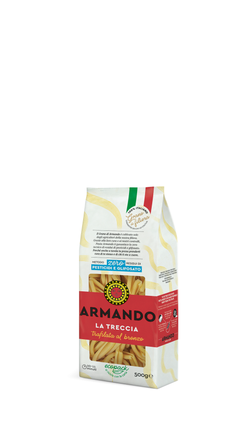 Sušené Talianske semolínové bezvaječné cestoviny GRANO ARMANDO –500g-typ  Treccia- 0% pesticidov,0% glyfosatov.! Certifikované Bureau Veritas.Priatelský PAP obal k život.prostrediu,recyklovatelny.Garancia vystopovateľnosti pestovateľa. Premiova kategoria.Trafilato al bronzo.Tvarovane cez medený extruder s tradičnou artigianale výrobným postupom a pomalým sušením .100%Semolínova muka pochadza z južneho Talianska (provincie-Kampania, Basilicata, a Puglia)s nezamenitelnou a jedinečnou  vyslednou štrukturou a chuťou. Zoznam monitorovaných zostatkových hodnot z fytosanitarnych produktov-na: www,pastarmando.it.Zloženie: muka/krupica z tvrdozrnej  pšenice triticum durum, voda.