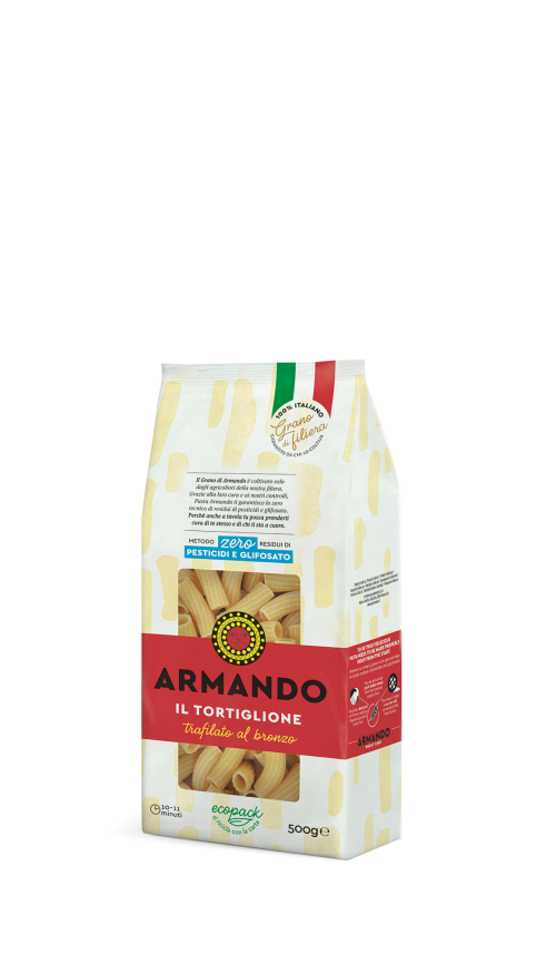 Sušené Talianske semolínové bezvaječné cestoviny GRANO ARMANDO 500g -Typ tortiglione ovalne "trubičky"–0% pesticidov,0% glyfosatov.! Certifikované Bureau Veritas.Priatelský PAP obal k život.prostrediu,recyklovatelny.Garancia vystopovateľnosti pestovateľa. Premiova kategoria.Trafilato al bronzo.Tvarovane cez medený extruder s tradičnou artigianale výrobným postupom a pomalým sušením .100%Semolínova muka pochadza z južneho Talianska (provincie-Kampania, Basilicata, a Puglia)s nezamenitelnou a jedinečnou  vyslednou štrukturou a chuťou.