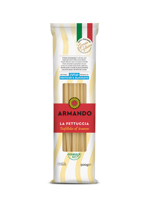 Sušené Talianske semolínové bezvaječné cestoviny GRANO ARMANDO 500g typ Fettuccia-ploché špaghetti - 0% pesticidov,0% glyfosatov.! Certifikované Bureau Veritas.Priatelský PAP obal k život.prostrediu,recyklovatelny.Garancia vystopovateľnosti pestovateľa. Premiova kategoria.Trafilato al bronzo.Tvarovane cez medený extruder s tradičnou artigianale výrobným postupom a pomalým sušením .