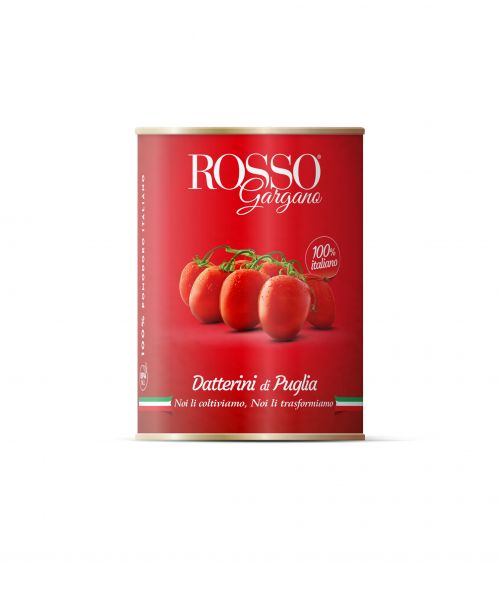 Paradajky datterino  lupane, cele podlhovaste,súdkovité ,400g v paradajk,.šťave,easy open otvaranie  v plechu,zn.Rosso gargano
