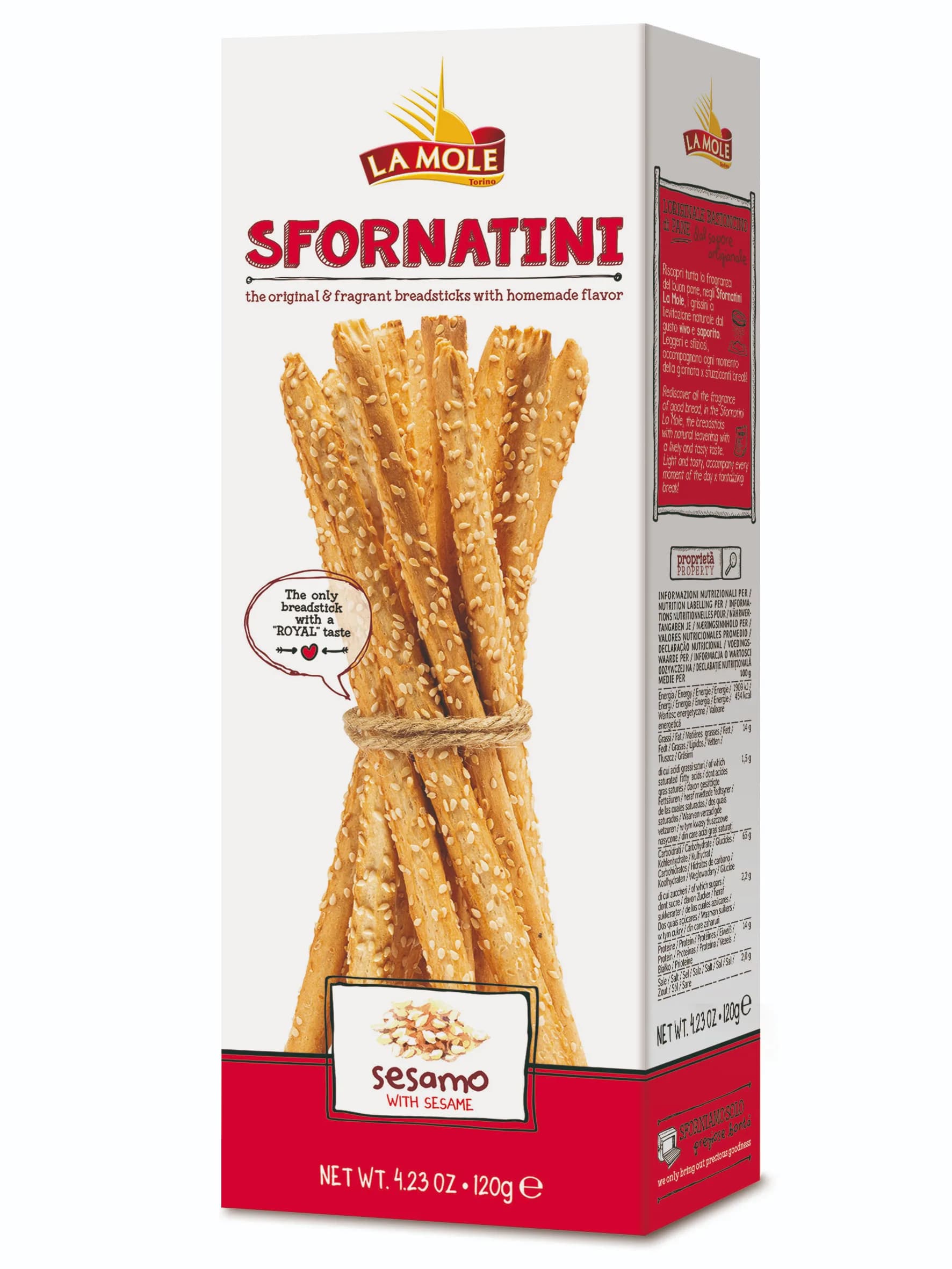 SFORNATINI AL SESAMO –slané rustikálne tyčinky so sezamom, z oblast Piemonte, 120g v PAP krabičke