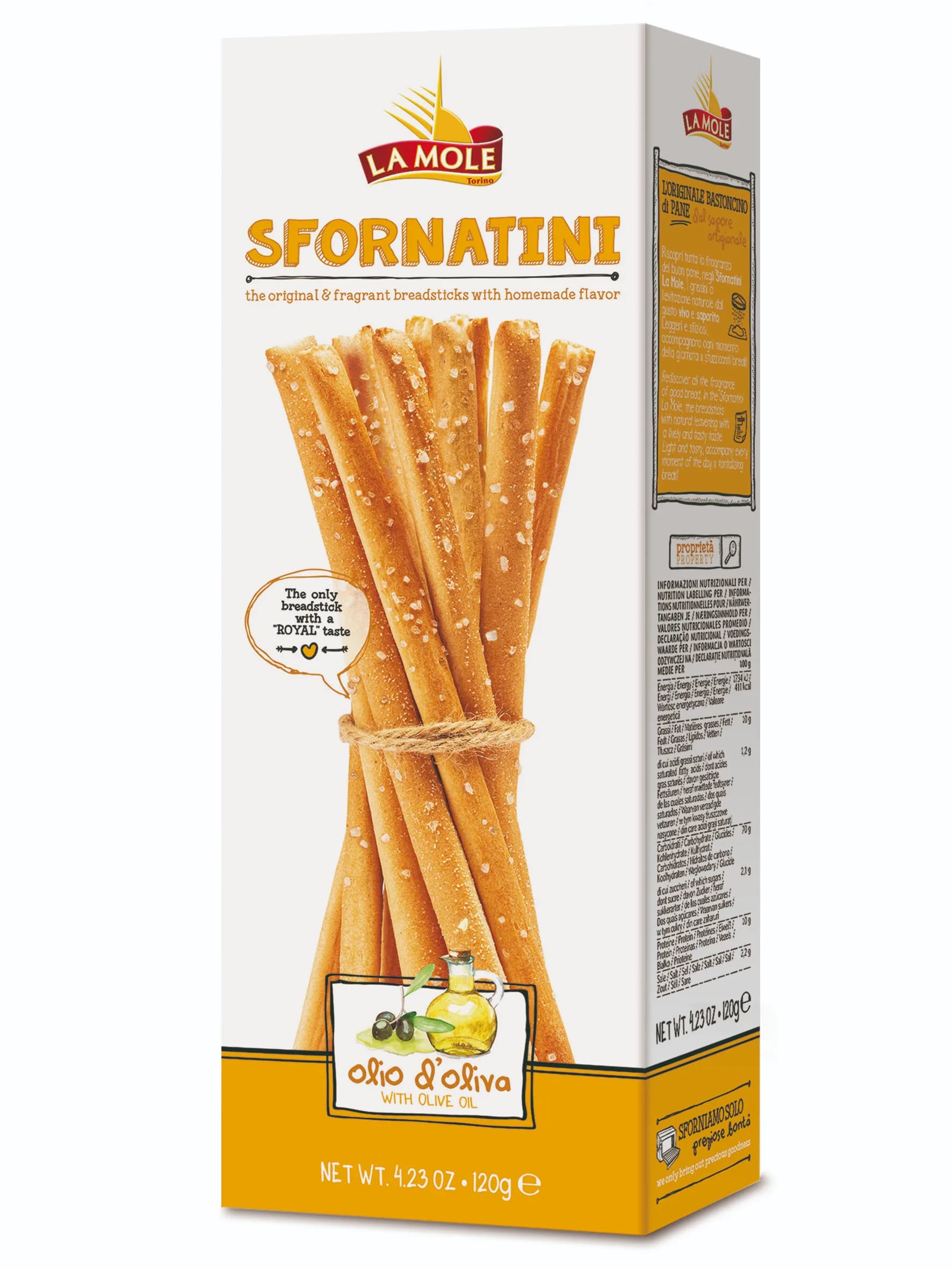 SFORNATINI AL OLIO D OLIVA –slané rustikálne tyčinky s olivovým olejom , z oblast Piemonte 120g v PAP krabičke