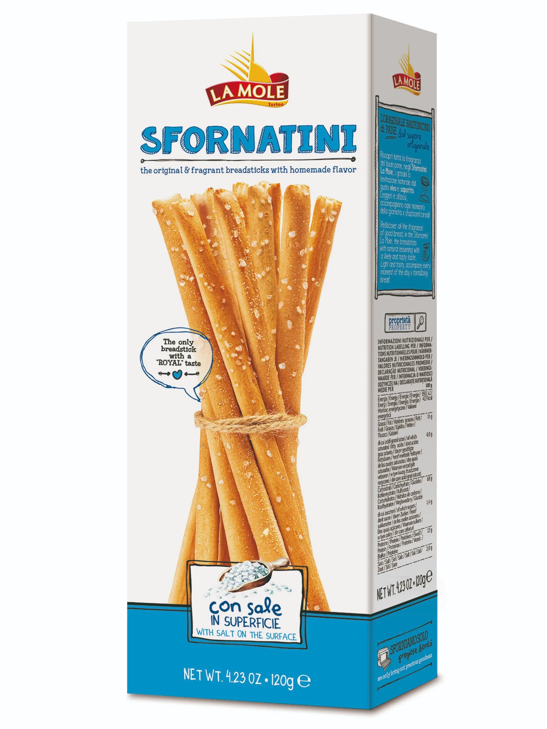 SFORNATINI SALATI in SUPERFICIE –slané rustikálne tyčinky sypané so soľou na povrchu , z oblast Piemonte 120g v PAP krabičke