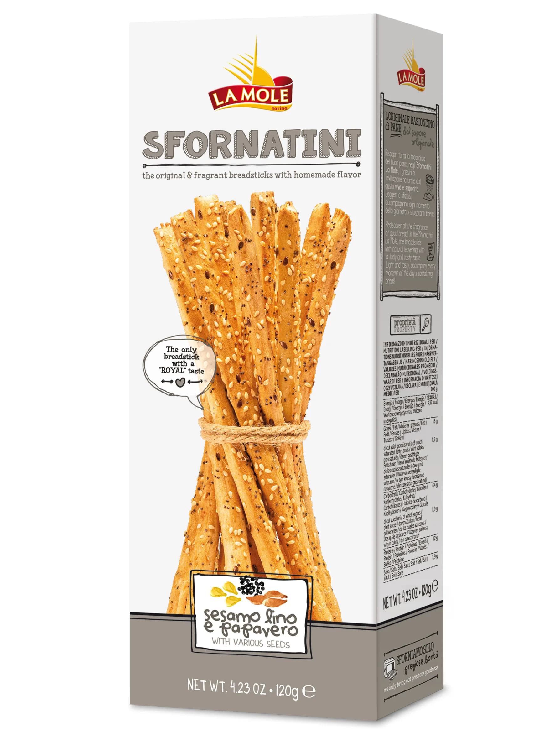 SFORNATINI -SEMI VARI- so semiankami rôznych olejnatín – slané rustikálne tyčinky so sezamovými semienkami ,ľanové semienka, makové semienka , z oblast Piemonte . 120g v PAP krabičke