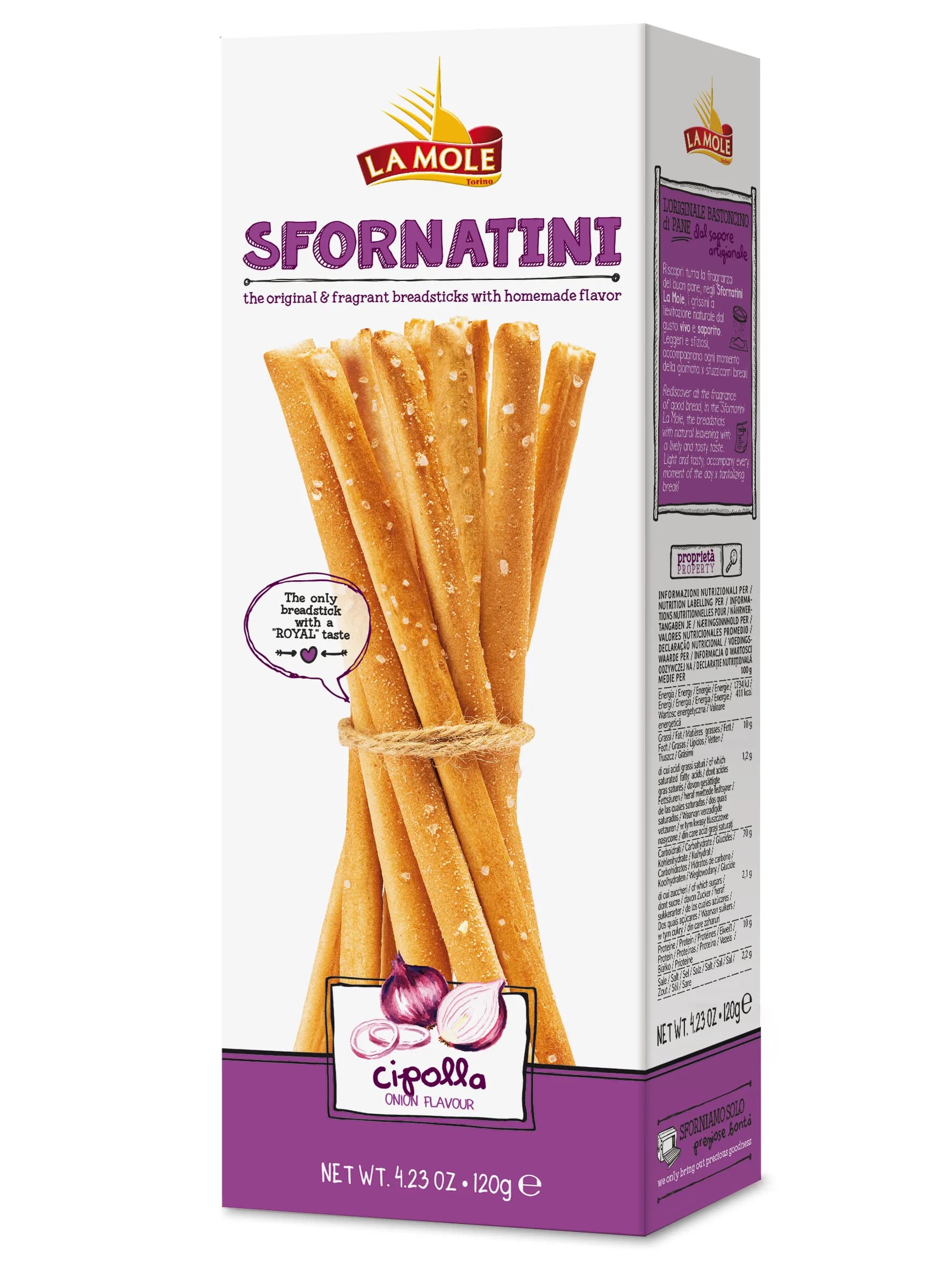SFORNATINI alla cipolla –slané rustikálne tyčinky s cibuľou , z oblast Piemonte 120g v PAP obale