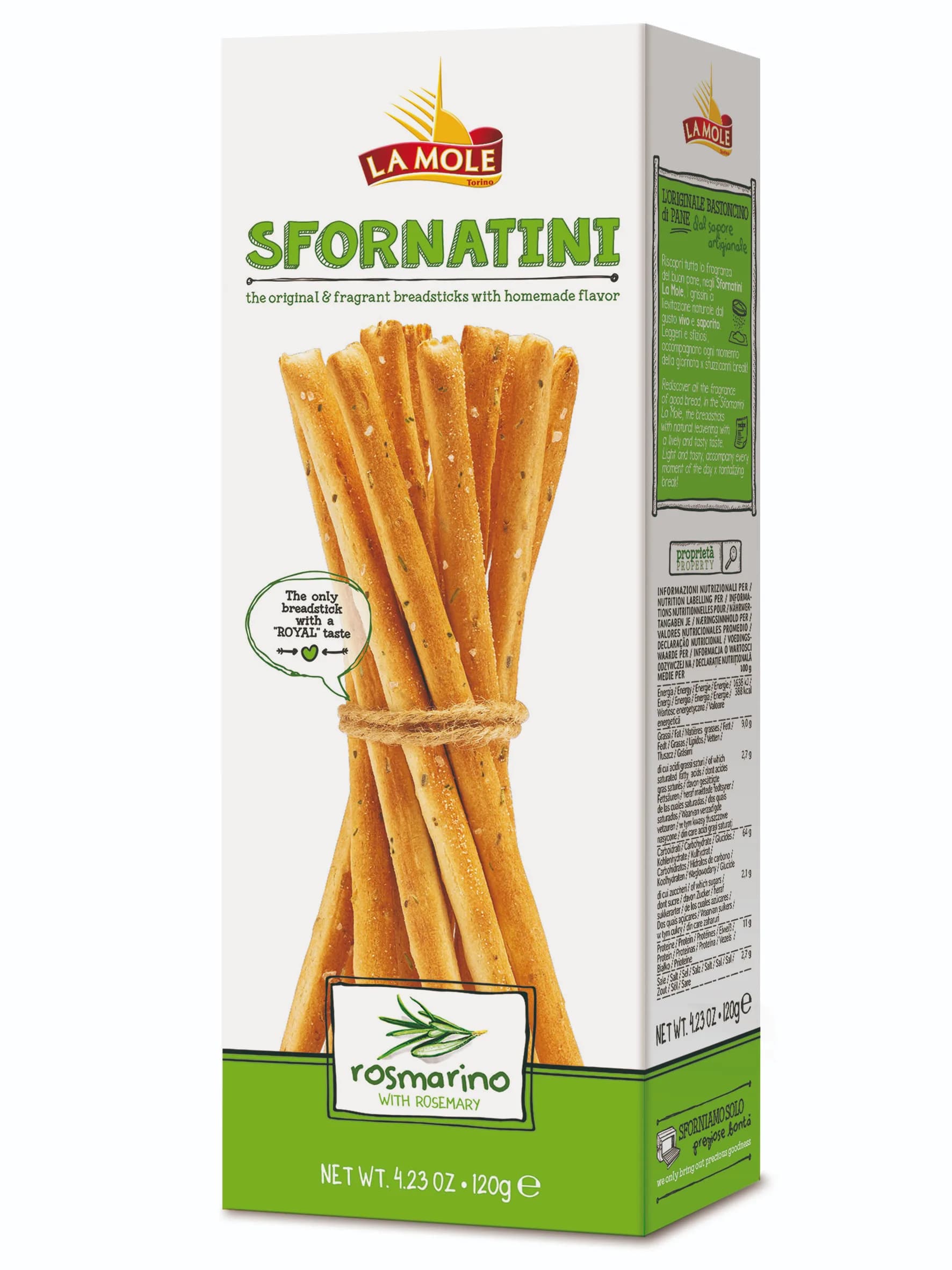 SFORNATINI AL OLIO D OLIVA e Rosmarino –slané rustikálne tyčinky s olivovým olejom a rozmarínom , z oblast Piemonte 120g v PAP krabičke