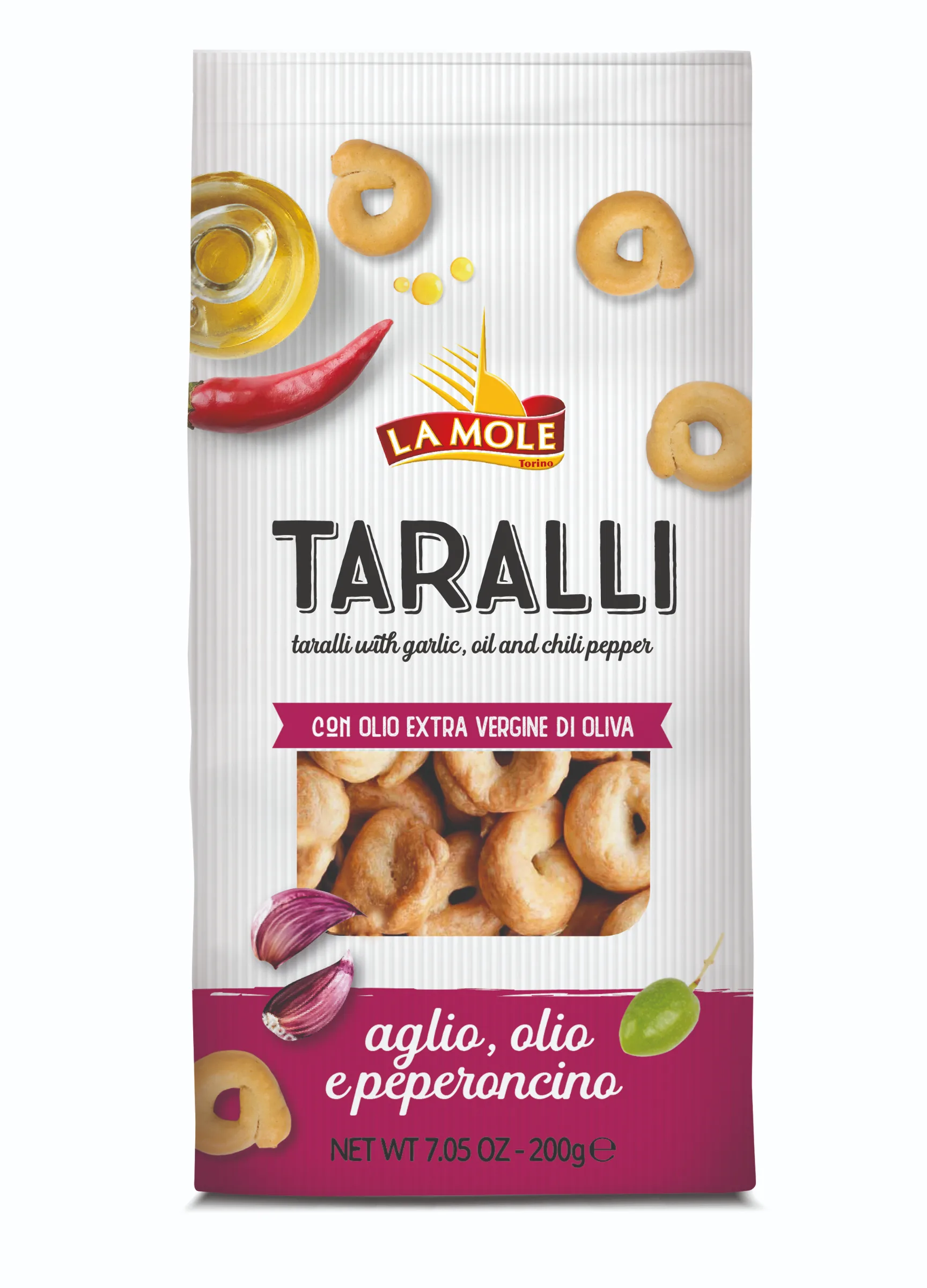 TARALLI pepperoncino, aglio e olio extra vergine –typický Cracker z oblasti Apulie pečený v peci , s cesnakom, chilli a extra panenským olivovým olejom 250g v sačku bal. v ochrannej atmosfére