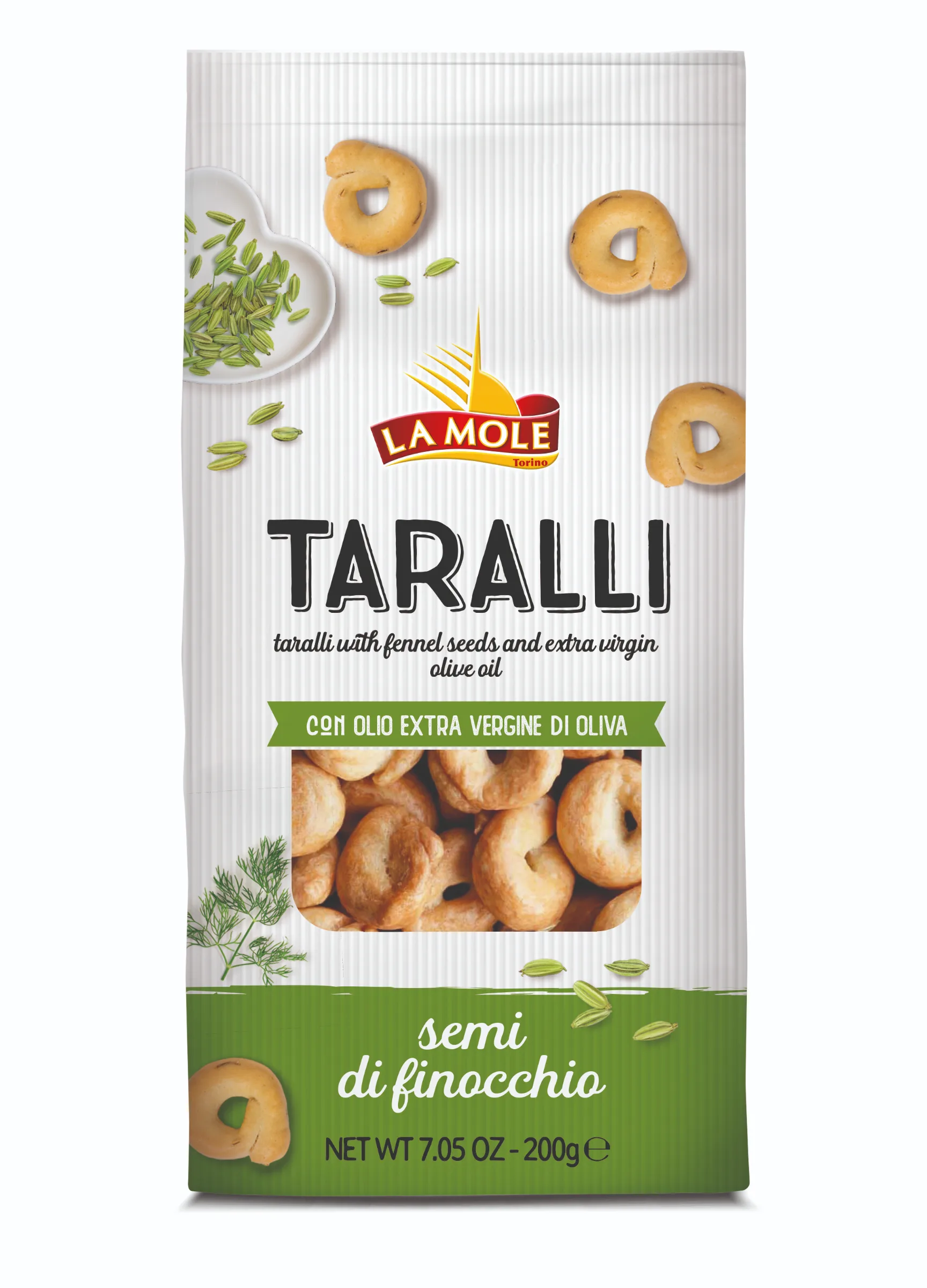 TARALLI all finocchio –typický Cracker z oblasti Apulie pečený v peci , s feniklom 250g v sačku ,balené v ochrannej atmosfére