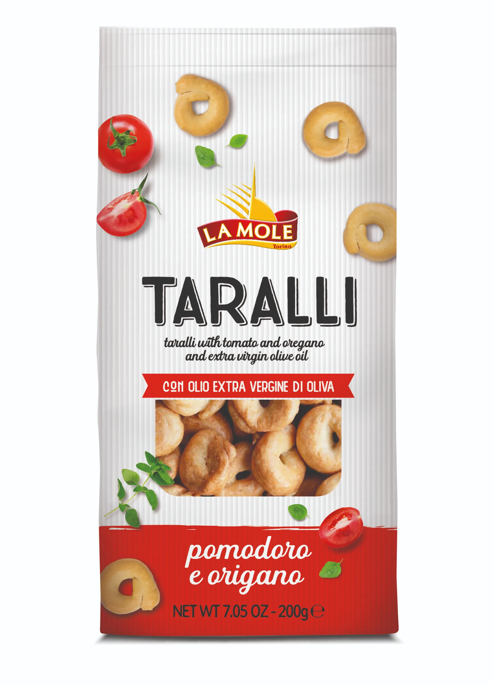 TARALLI pomodoro ,origano, e olio extra vergine–typický Cracker z oblasti Apulie pečený v peci , s paradajkami, oreganom a extra panenským olivovým olejom 250g v sáčku balené v ochrannej atmosfére